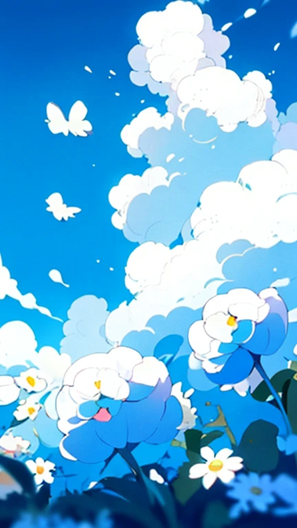 no humans, flower, cloud, sky, outdoors, day, pokemon (creature), blue sky, clouds, white flower, tree, leaf