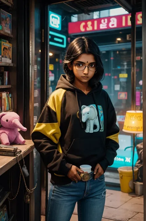 Young indian woman, skinny woman, 14 years old, Thick-framed glasses, bindi, hacker girl, the Matrix style, cyberpunk, sweatshirt, holding a stuffed elephant toy