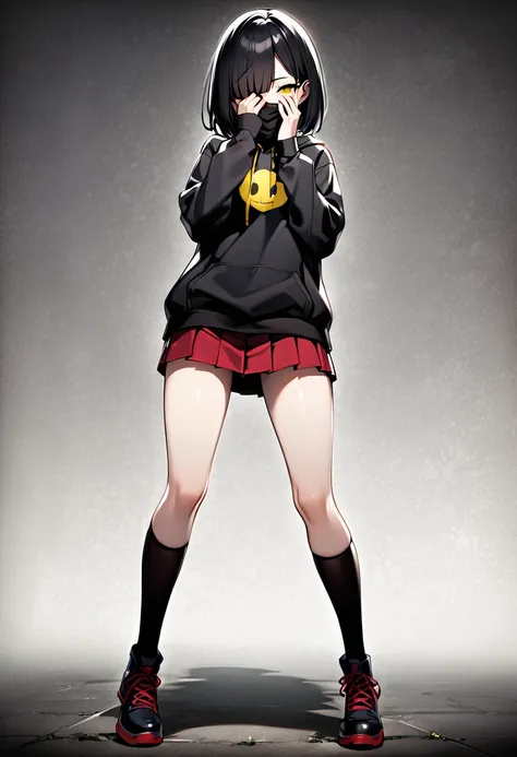 edgy girl, black hoodie, black hair, bob cut, red miniskirt, high socks, black mask covering her whole face with a yellow smile on it. Amazing quality, full body view