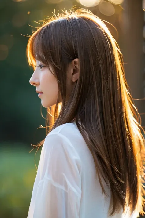 Smooth long hair、　profile、　Glowing hair、Brown Hair、