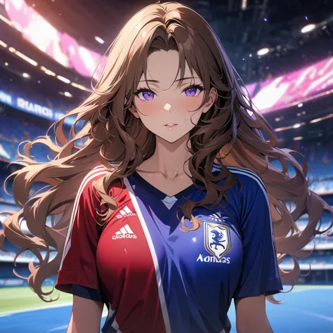 girl, brown hair, wavy hair, long hair, purple eyes, soccer shirt, pretty, mature, m Main face, front face,  (beautiful Background,detailed background:1.5), (masterpiece, best quality:1.3),beautiful detailed glow, 8k wallpaper, best light,high resolution,d...