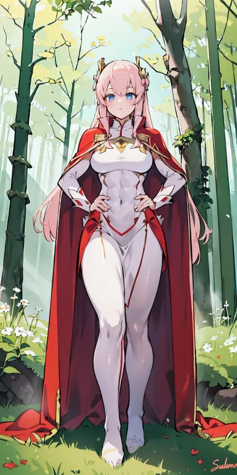 full body toe to head, masterpiece, 1soloMILF BIMBO standing pose long cape, strong body, abs, shiny skin (masterpiece, best quality) 1girlsolo (the empress:1.15) (red cape) curtain, armored dress, queen dress, aurora (sunshine, sky, river, forest)