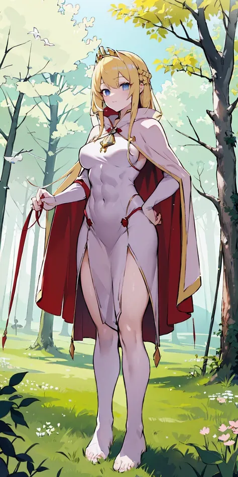 full body toe to head, masterpiece, 1soloMILF BIMBO standing pose long cape, strong body, abs, shiny skin (masterpiece, best quality) 1girlsolo (the empress:1.15) (red cape) curtain, armored dress, queen dress, aurora (sunshine, sky, river, forest)