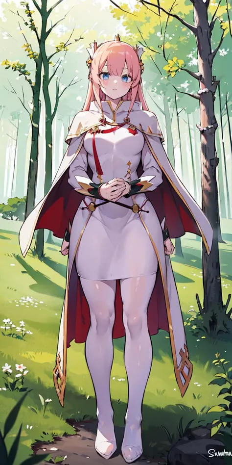 full body toe to head, masterpiece, 1soloMILF BIMBO standing pose long cape, strong body, abs, shiny skin (masterpiece, best quality) 1girlsolo (the empress:1.15) (red cape) curtain, armored dress, queen dress, aurora (sunshine, sky, river, forest)