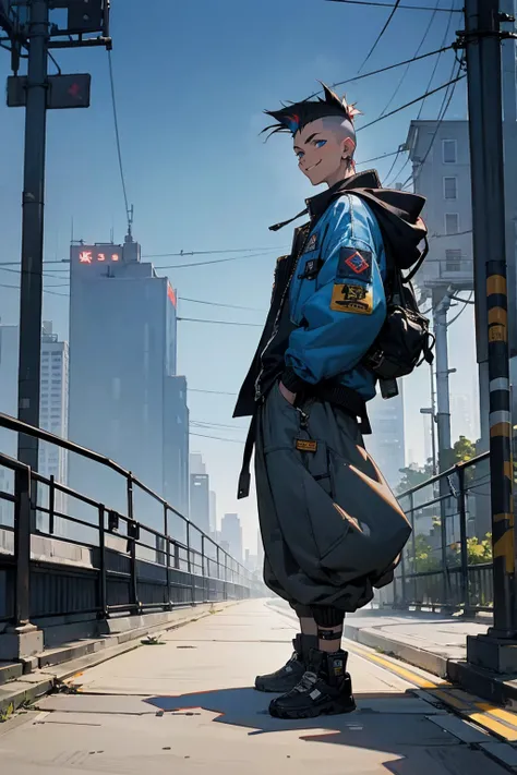 1male, faded mohawk, black hair, smiling, blue eyes, baggy jacket, baggy clothing, city background, detailed background, hands to side, standing on path