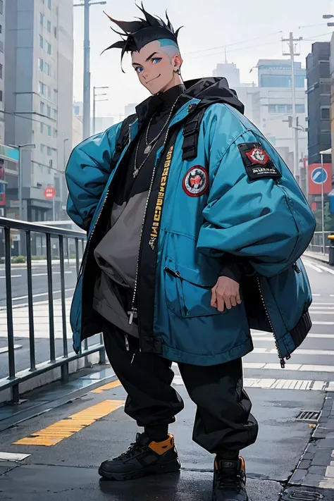 1male, faded mohawk, black hair, smiling, blue eyes, baggy jacket, baggy clothing, city background, detailed background, hands to side, standing on path