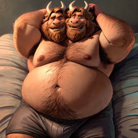 solo, two headed asgore dreemurr, beards, masculine, ears, necks, (eyes), adult, male, 50 years old, (stylized 3d, by disney, by rembrandt, by pixar, by dramamine), ugly, (overweight, fat, obese, big belly), solid gray background, (shirtless, underpants), ...