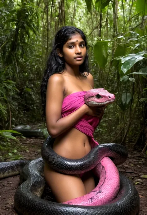  Topless  pink thong wearing aroused horny beautiful happy young Indian teen girl vs  Giant black anaconda monster wrapped around her body squeezing her in coiled embrace cuddling and kissing  sexual erotic bestiality  sex  realistic in the rainforest full...