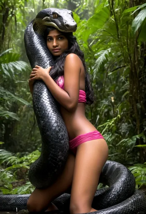  Topless  pink thong wearing aroused horny beautiful happy young Indian teen girl vs  Giant black anaconda monster wrapped around her body squeezing her in coiled embrace cuddling and kissing  sexual erotic bestiality  sex  realistic in the rainforest full...