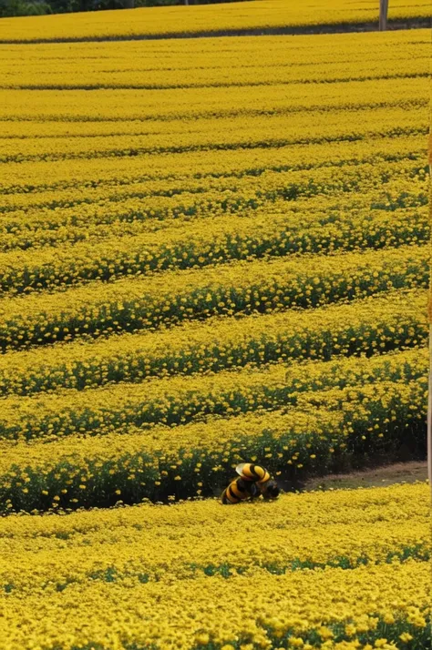 Un fondo de escenario amarillo que tenga panales, abejas, miel, that has flowers of many colors and samples of how bees do pollination and honey