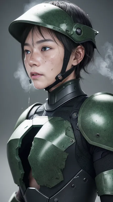 Rough skin, Very detailed, Advanced Details, high quality, 最high quality, High resolution, 1080p 、、Sexy Eyes、Wearing green and black、cute((The whole body is sweating))(Wearing damaged combat gear....)(Dark green armor)(Broken Armor)Black Hair、(Shattered ar...