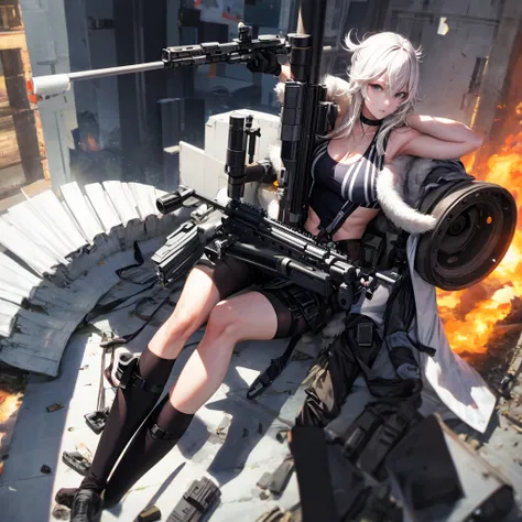 solo、full-body portraits、sleeveless、White-colored skin，Large Breasts,Sniper rifle，Magnum，Black tights，cleavage