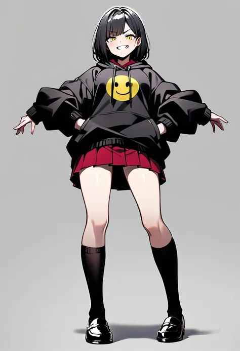 edgy girl, black hoodie, black hair, bob cut, red miniskirt, high socks, loafers, black mask on the side of her head with a yellow smile on it. Amazing quality, full body view, snarky grin