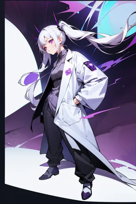 1female, twin pigtails, white hair, lab coat, serious expression, purple eyes, lab background, detailed background, hands to side, standing on path