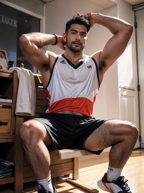 smile, short hair, black hair, brown hair, black hair, sitting, male focus, multiple , shoes, shorts, arms, wristband, sneakers, sportswear, bench, basketball, basketball uniformanother, chest hair, , navel hair, leg hair, armpit hair, hairy, （Chest hair：1...