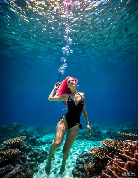 beautiful woman with long pink hair, in a balck bikini swimming under water, swimming underwater, Swimming underwater, swimming underwater, underwater light rays, fishes and corals, subaquatic photography, floating underwater in a lake,water bubbles, float...