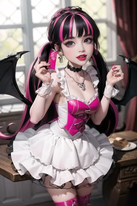 1 girl, a girl with bat wings on her back, perfectly hands, perfectly body, black choker, bat necklace, necklace, centered, bat jewelry, award winning upper body portrait, cowboy shot, (looking at viewer:1.2), Draculaura_MH, solo, black half hair, pink hal...