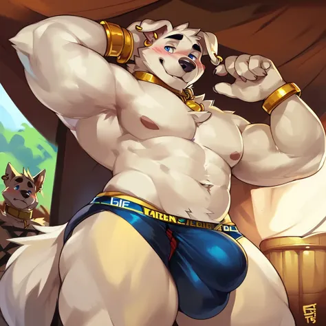 Solo, male (((retriever, muscular, white fur, white body, white fur, black eyebrows, black nose, blue eyes, folded ears, flustered expression, blush, ear piercing, ear ring, golden collar, gold cuffs, thin waist, underwear, big bulge))) standing, 5 fingers...