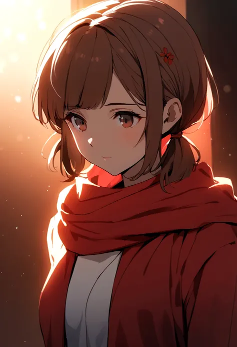 Girl with brown hair, short pigtails, bangs, red scarf on hair, brown eyes, red jumpsuit, white t-shirt inside