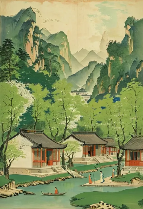 the large green and blue painting depicts the spring scenery by the river,the mountains are high，the trees are verdant. the hous...