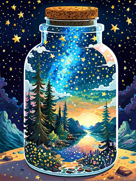 1pzsj1, masterpiece，top quality，(very delicate and beautiful starry sky scenery trapped in a jar), world masterpiece theater, hi...