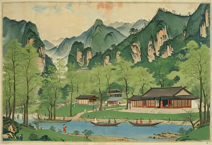 the large green and blue painting depicts the spring scenery by the river,the mountains are high，the trees are verdant. the hous...