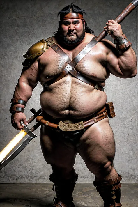 looking at us, Staring Intently, face focus, a fat gentle barbarian:2, This barbarian is a robust stocky Japanese:2, He is a Japanese male, mid combat, leather armor, legs exposed from thighs to feet, fierce, battleground background, masterpiece, volumetri...