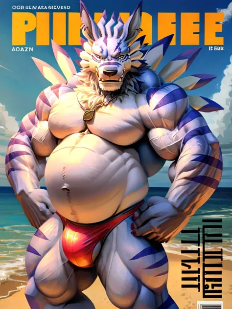 solo, weregarurumon, muscular, muscle gut, round belly, belly like a watermelon, shirtless, black speedo, bodybuilding pose, puffing out belly, beach, magazine cover