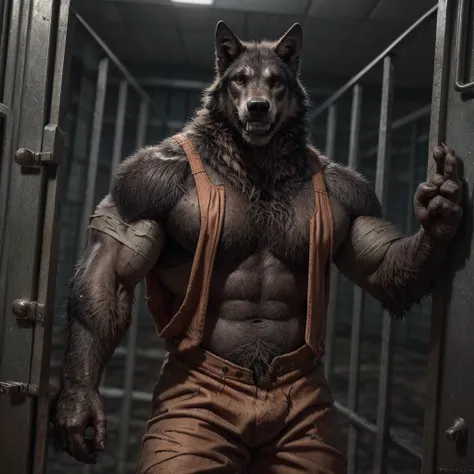 prison setting, prison cell, wolf, equine, orange clothing, prison jumpsuit, flex, muscular, barazoku, evil grin, torn clothing,...