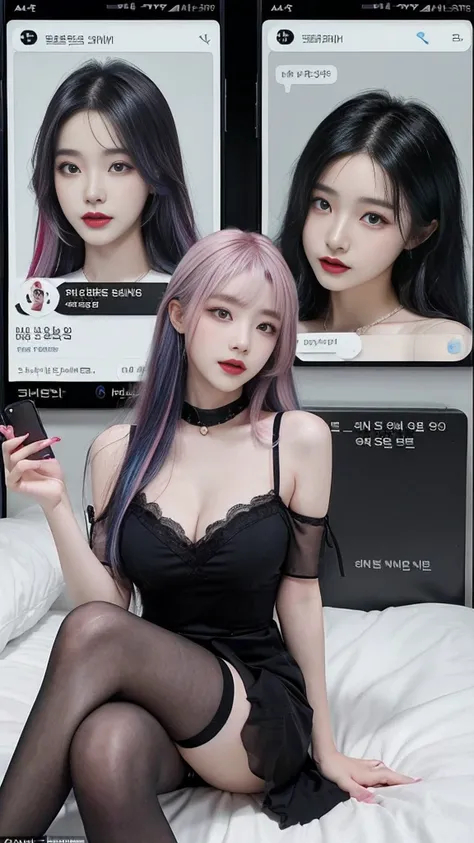  (high quality), (SFW), (vertical split screen:1.6), (Various scans:1.5),  (A mature prostitute who enjoys a smartphone chat app with numerous Korean adult men.. : 1.6), (The girl has colorful dyed hair and pretty face makeup. : 1.4), (She wears a feminine...