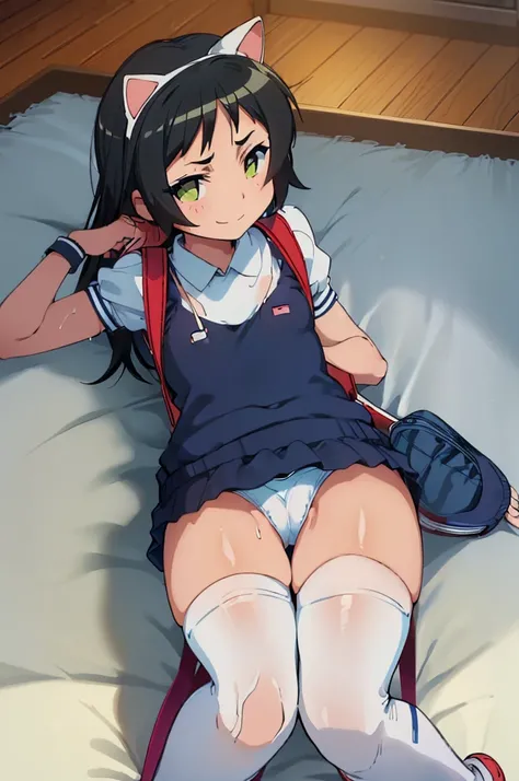 masterpiece, ultra quality, ultra sharp, ultra detailed, 1girl, solo, good anatomy, haduki kurumi, (tattered torn dripping wet white gym shirt), navy gym pants, animal ears, randoseru, name tag, Japanese anime pose, laugh, BurumaShorts, Buruma, Gym Uniform...