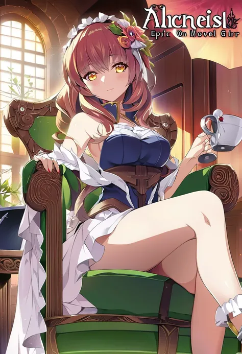 Anime girl sitting on a chair with a coffee cup in her hand, Alchemist Girl, Light novel cover, Official Art, Epic light novel art cover, Official Artwork, epic Light novel cover, change, isekai, small curve change, Kushat Wreath, Kshat Krentz Key Art Femi...