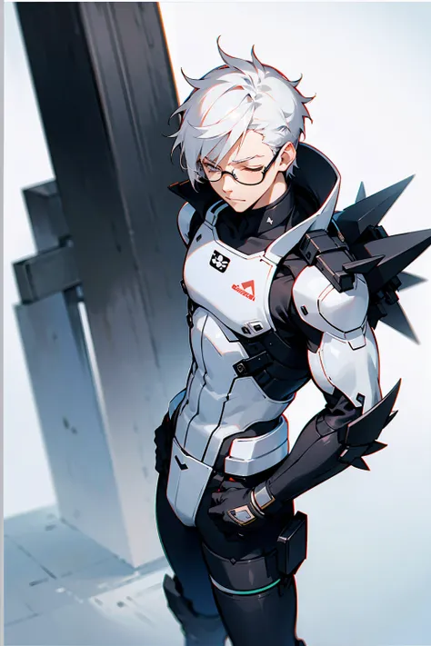 1male, young adult, white hair, eyes closed, short hair, spikey hair, dojo background, slight smile, glasses, standing in city, ...