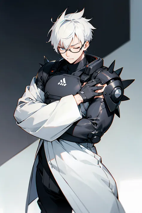 1male, young adult, white hair, eyes closed, short hair, spikey hair, dojo background, slight smile, glasses, standing in city, ...