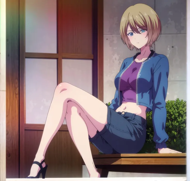 masterpiece, best quality, highres, akane hououji,full body,1girl, solo, short hair, blonde hair, blue eyes, , crop top, black denim jacket, shorts, midriff, underboob,high heels,crossed legs, sitting, big breasts, medium waist, wide hips, medium thighs, g...