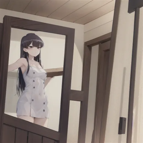 masterpiece, best quality, 1girl, solo, komi-san wa komyushou desu, ks, bath towel, looking at viewer, (bathroom), cowboy shot