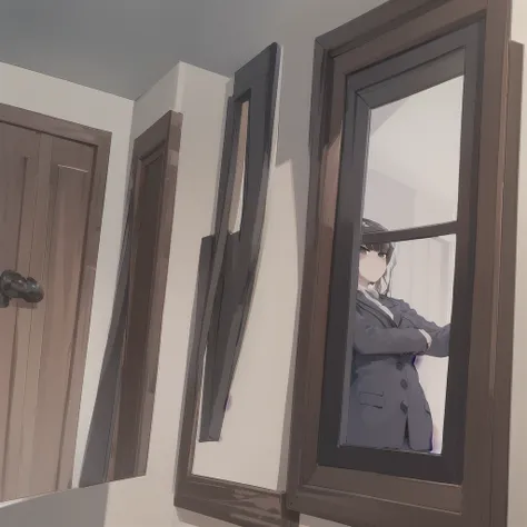 masterpiece, best quality, 1girl, solo, komi-san wa komyushou desu, ks, bath towel, looking at viewer, (bathroom), cowboy shot