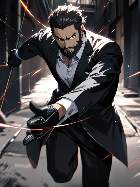 (40-year-old man with dark hair and beard)、long sleeve black suit、break,black leather gloves、break,white shirt:0.7、break,sharp e...