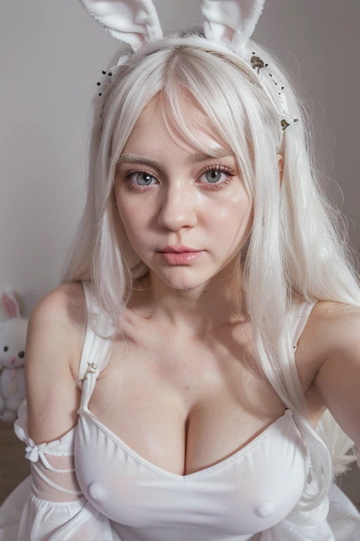 White bunny, pouty-sad face, ((big scar in her adbomen)), fluffy stuffed animals, ethereal, sexy face, tear in her eyes, long white hair, bunny fluffy outfit, short white dress, model, cute face, sweat, 8k hyperrealist, (very detailed face), (selfie point ...