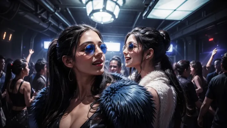 masterpiece, best quality, extremely detailed, hyperrealistic:1.1, photorealistic, a beautiful 20s russian model, ultra detailed face:1.1, sunglasses on head:1.1, blue fur shawl, white dress, high ponytail, black hair, at nightclub:1.2, nightclub light:1.1...