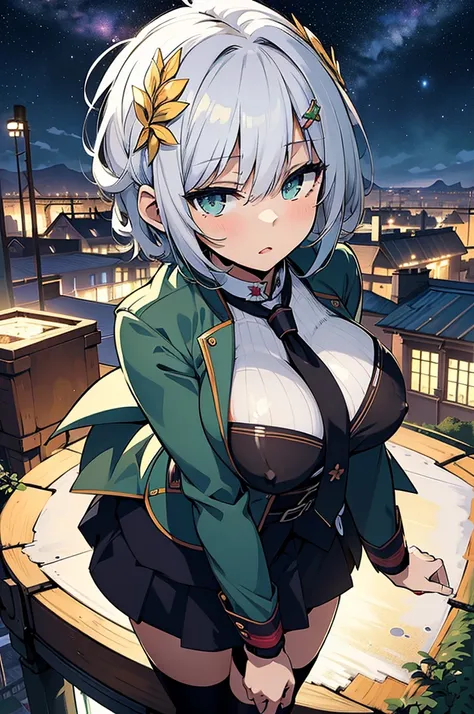 (best quality:1.3), (masterpiece:1.3), (illustration:1.3), (ultra-detailed:1.3), (mid shot:0.9), 1girl, short hair, white hair, green eyes, green blazer, black skirt, looking at viewer, hair ornaments, night sky, starry sky, long hair, large breasts, from ...