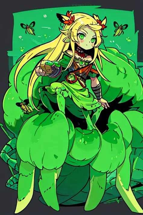 1girl, arachnid body, spider abdomen, hairy thin long spider legs, dragonfly wings, moth antenas on head, blonde long hair, green clothes, green eyes, flat chest, hades style, hadesstyle, hades2style, hades 2 style