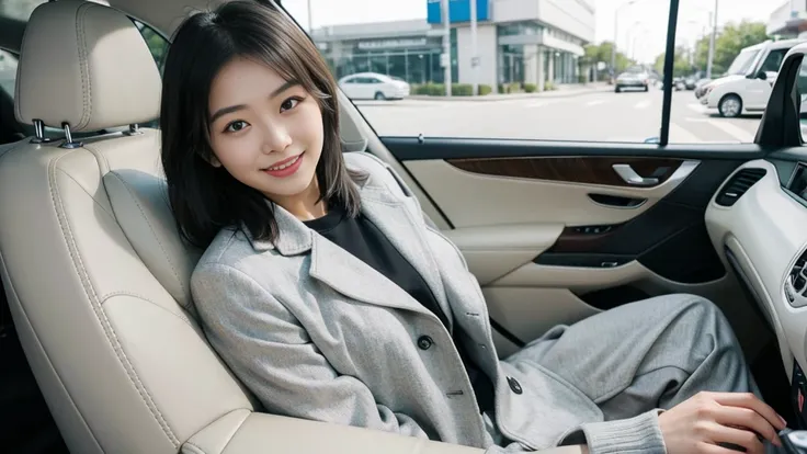 a japanese woman in a gray jacket sitting in a car、keep your hands on the handlebars、with an elegant smile、beautiful 22 year old...