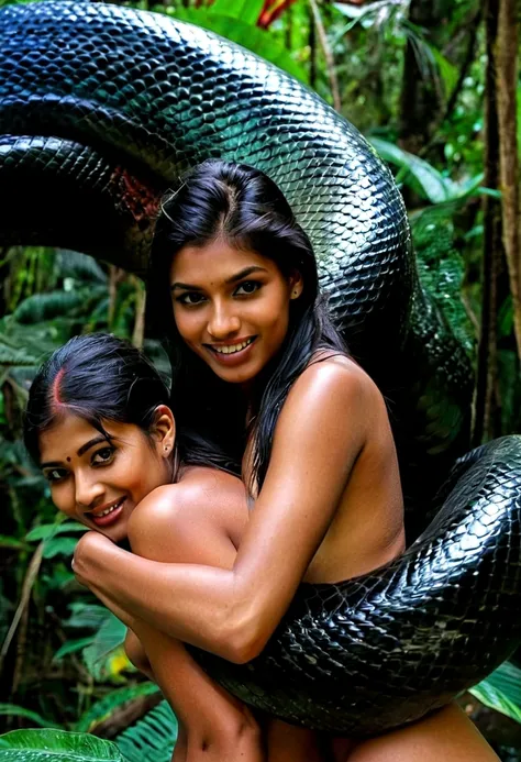  Topless  pink thong wearing aroused horny beautiful happy young Indian teen girl vs  Giant colossal black anaconda monster wrapped around her body squeezing her in coiled embrace cuddling and kissing  sexual erotic bestiality  sex  realistic in the rainfo...