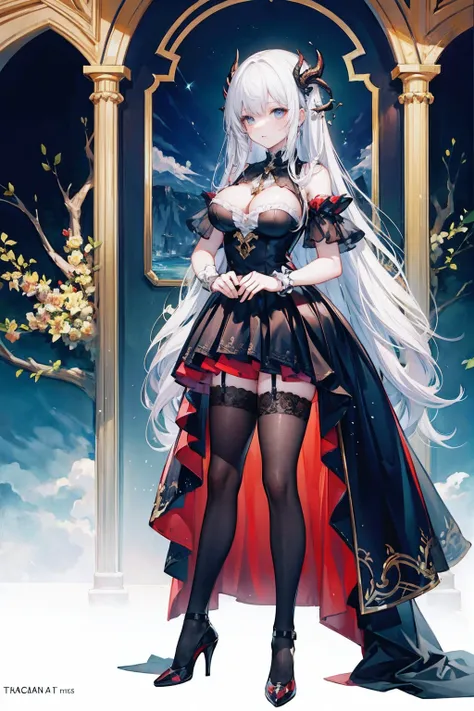 (masterpiece, top quality, best quality, official art, beautiful and aesthetic:1.3), (8k, best quality, masterpiece:1.2),(full body:1.3) (large breasts:1.2), long hair, black thighhighs, high heel, (microskirt:1.1), garter belt, dragons horn,dragons wing,