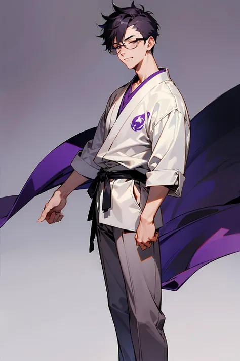 1male, Young Adult, Dark Purple, Eyes Closed, Short Hair, Spikey Hair, Grey Pants, Dojo Background, Slight Smile, Glasses, Standing In City, Detailed background, Dojo Outfit