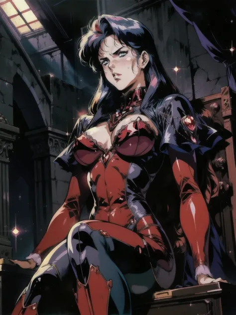 ((((((retro anime)))) of a gothic vampire piloting a gothic ruby mech)), (from below), close-up, (fisheye), ((gothic (control panels) everywhere)), ((mature)), ((vampiric)), (iridescent bodysuit), lace accessories, dark big lips, ((baroque pilot seat)), ((...