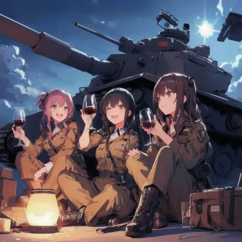 Anime female soldier, sitting on the ground with wine glasses in front of a tank, Drinking wine and laughing,Girls&#39; Frontline style, from Girls&#39; Frontline, Girls&#39; Frontline universe, Girls&#39; Frontline cg, Girls&#39; Frontline, Infantry Girl,...