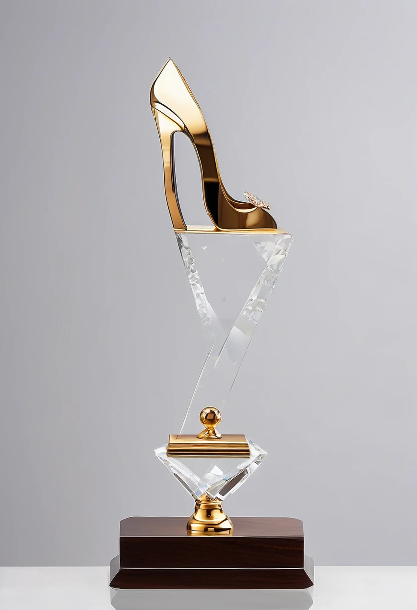 A minimalist, creative and futuristic dance trophy；A crystal trophy made of a pair of crystal ballet shoes，Walnut wooden square base，Simple and elegant，There is a gold metal nameplate on the base；Dance shoes staggered rise，Ribbon embellishment。Except for t...