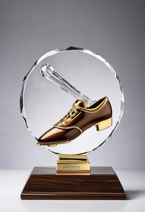 A minimalist, creative and futuristic dance trophy；A crystal trophy made of a pair of crystal ballet shoes，Walnut wooden square base，Simple and elegant，There is a gold metal nameplate on the base；Dance shoes staggered rise，Ribbon embellishment。Except for t...